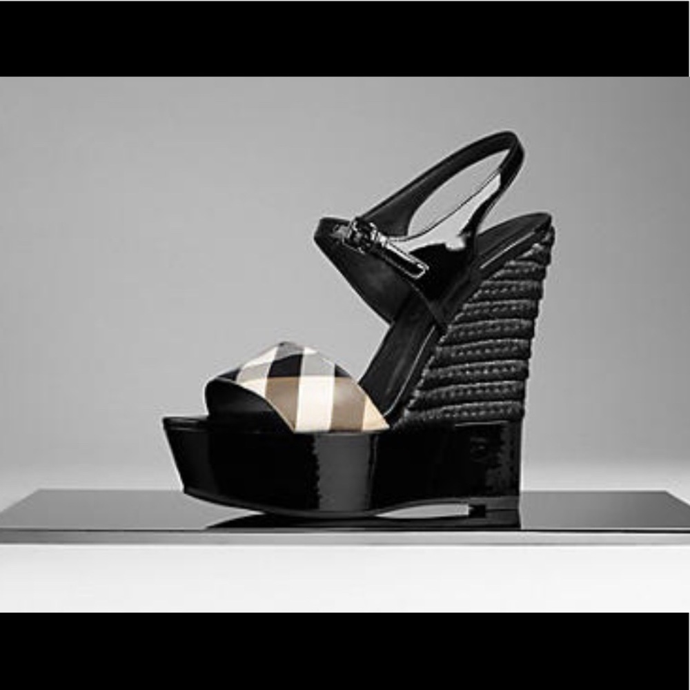 Burberry Brown Leather Novacheck Canvas Espadrille Platform Wedge Sandals